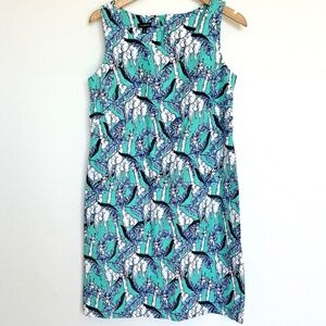 Talbots Giraffe Print Textured Cotton Shift Dress Size 6 Teal Blue Sleeveless